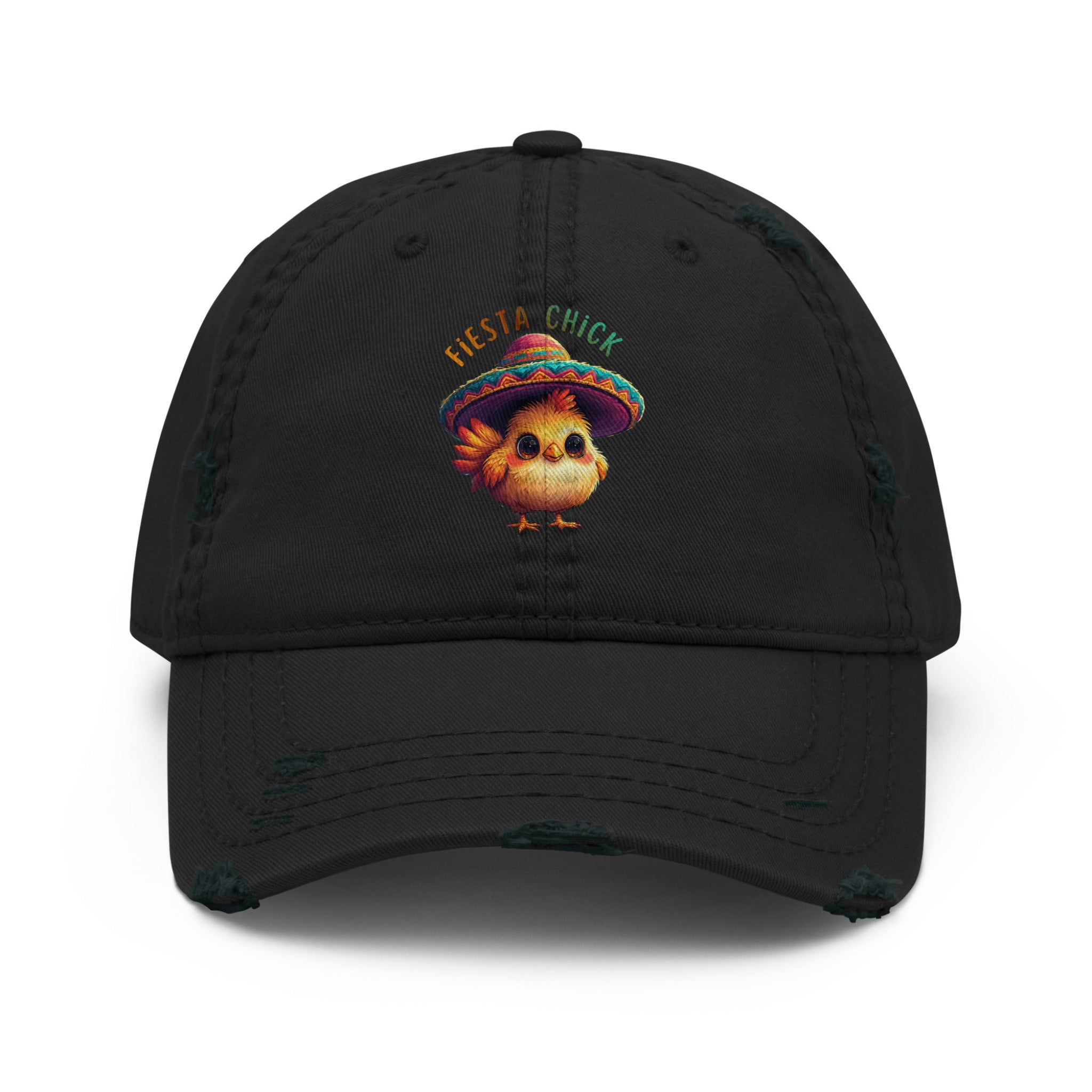 Black cap with a colorful chicken design and 'Fiesta Chick' text on a white background