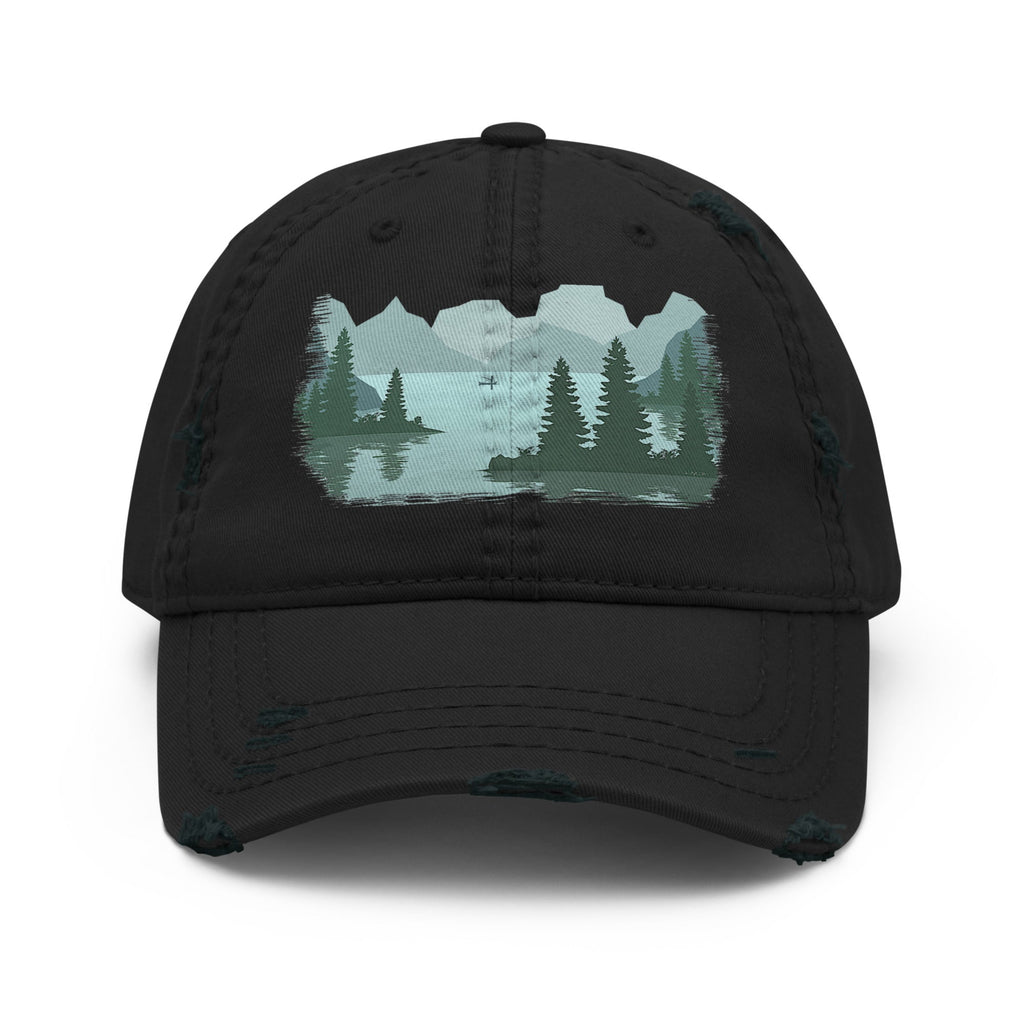 Distressed dad hat with full-color fisherman in a boat lake scene graphic printed on the front panel, charcoal gray structured low-profile cap with adjustable back strap. 