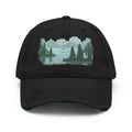 Distressed dad hat with full-color fisherman in a boat lake scene graphic printed on the front panel, charcoal gray structured low-profile cap with adjustable back strap. 