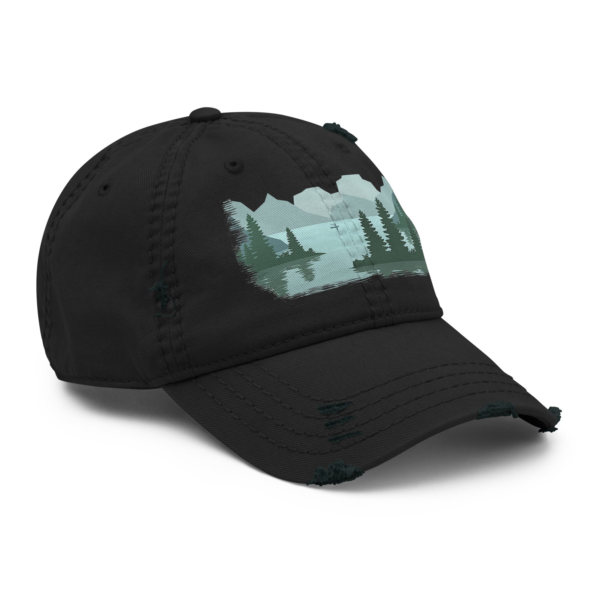 Distressed dad hat with full-color fisherman in a boat lake scene graphic printed on the front panel, black color, structured low-profile cap with adjustable back strap.