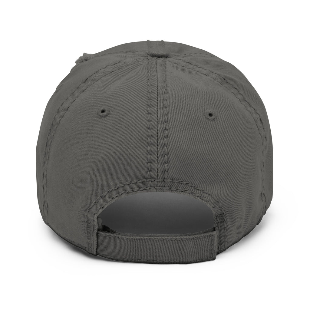 The back strap of a Distressed dad hat with full-color fisherman in a boat lake scene graphic printed on the front panel, grey, structured low-profile cap with adjustable back strap. 