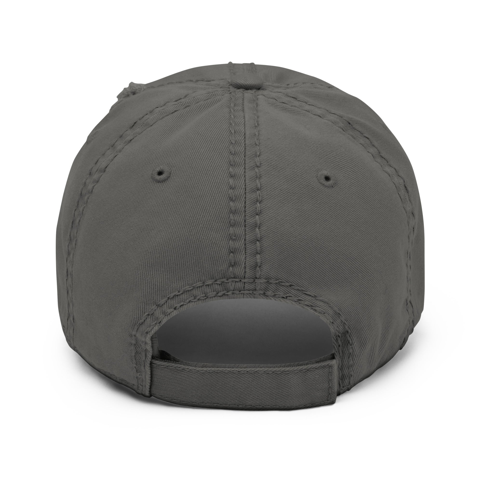 The back strap of a Distressed dad hat with full-color fisherman in a boat lake scene graphic printed on the front panel, grey, structured low-profile cap with adjustable back strap. 