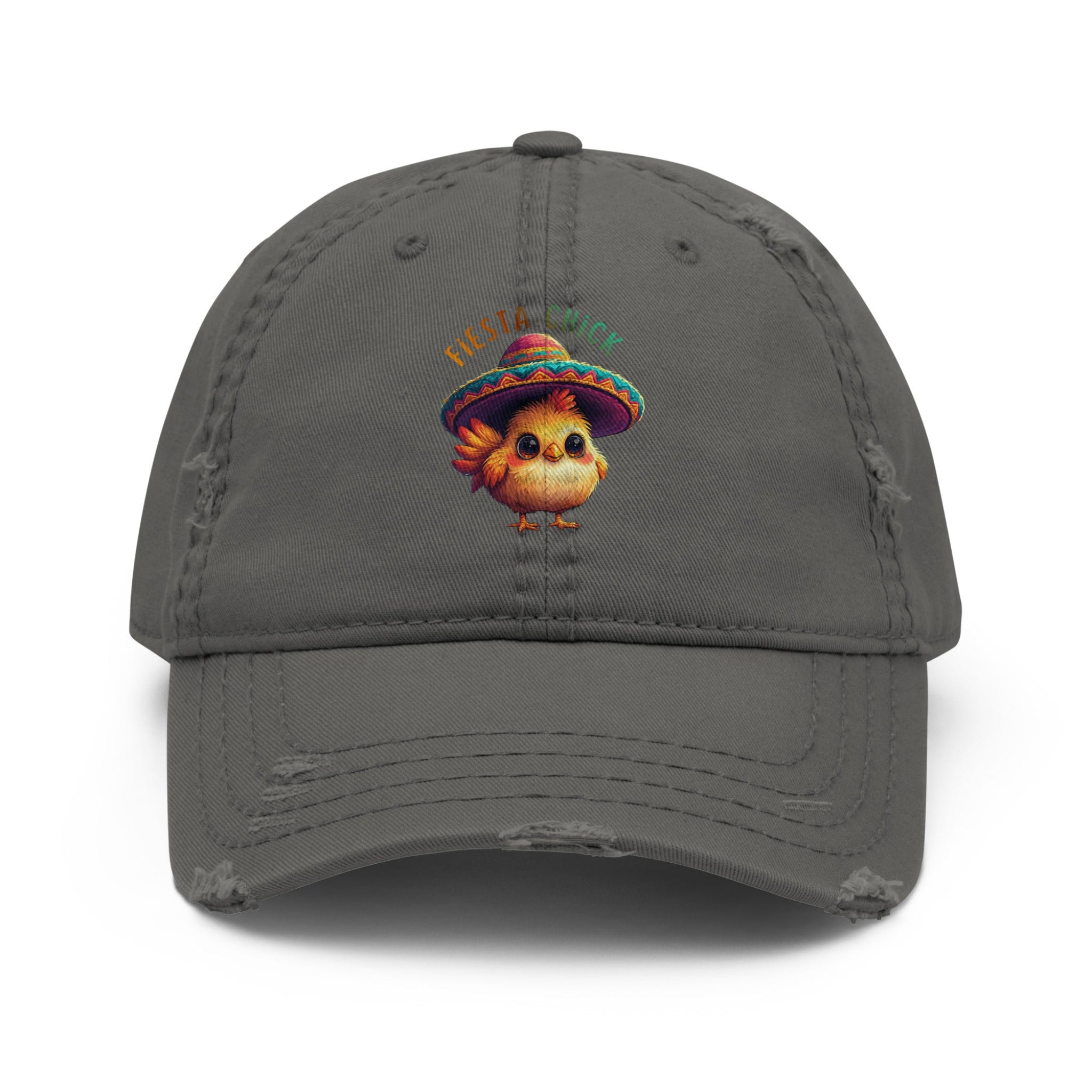 Grey distressed dad hat with a cartoon chick wearing a sombrero and 'Fiesta Chick' text on a white background
