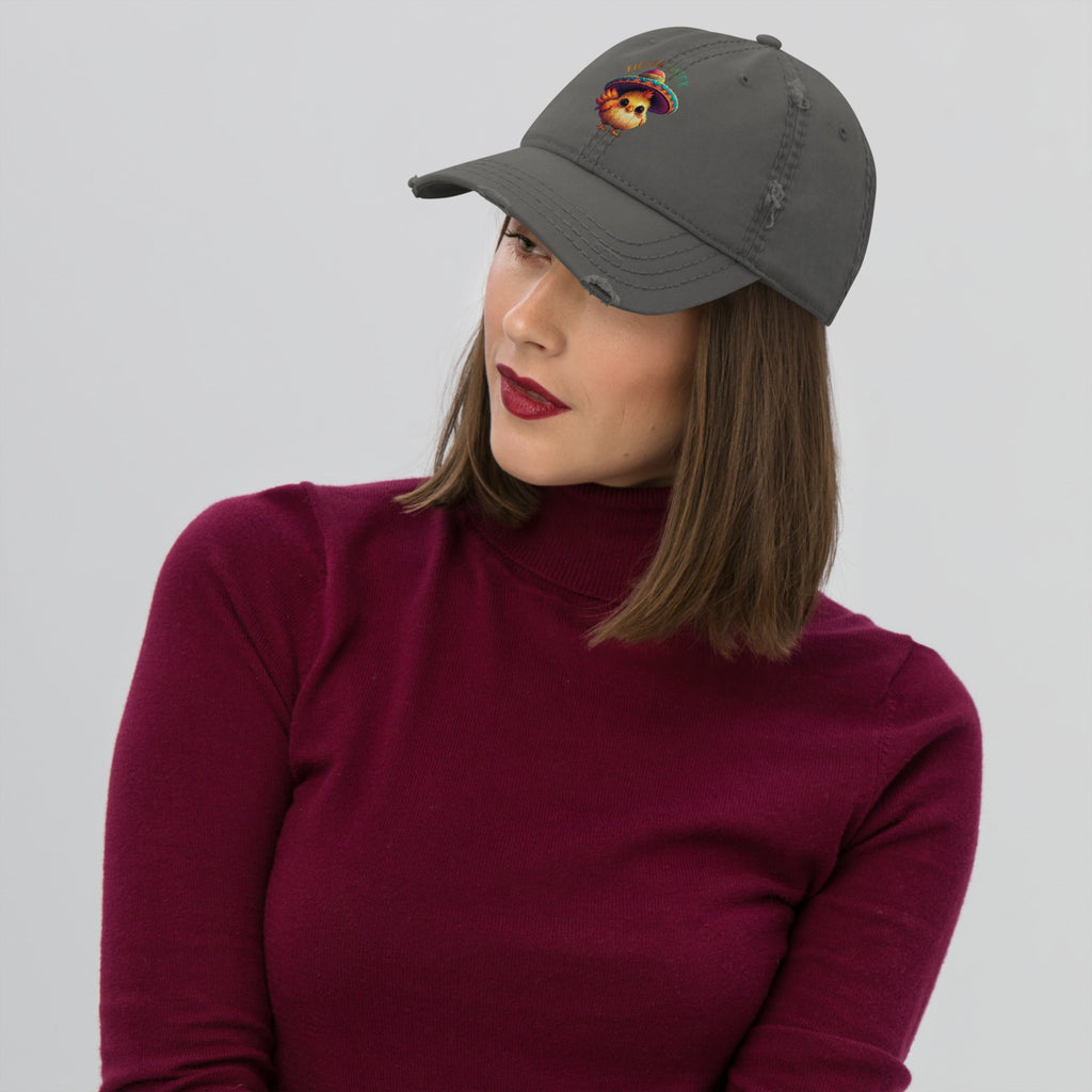 Woman wearing a grey distressed dad hat with a cartoon chick wearing a sombrero and 'Fiesta Chick' text on a white background