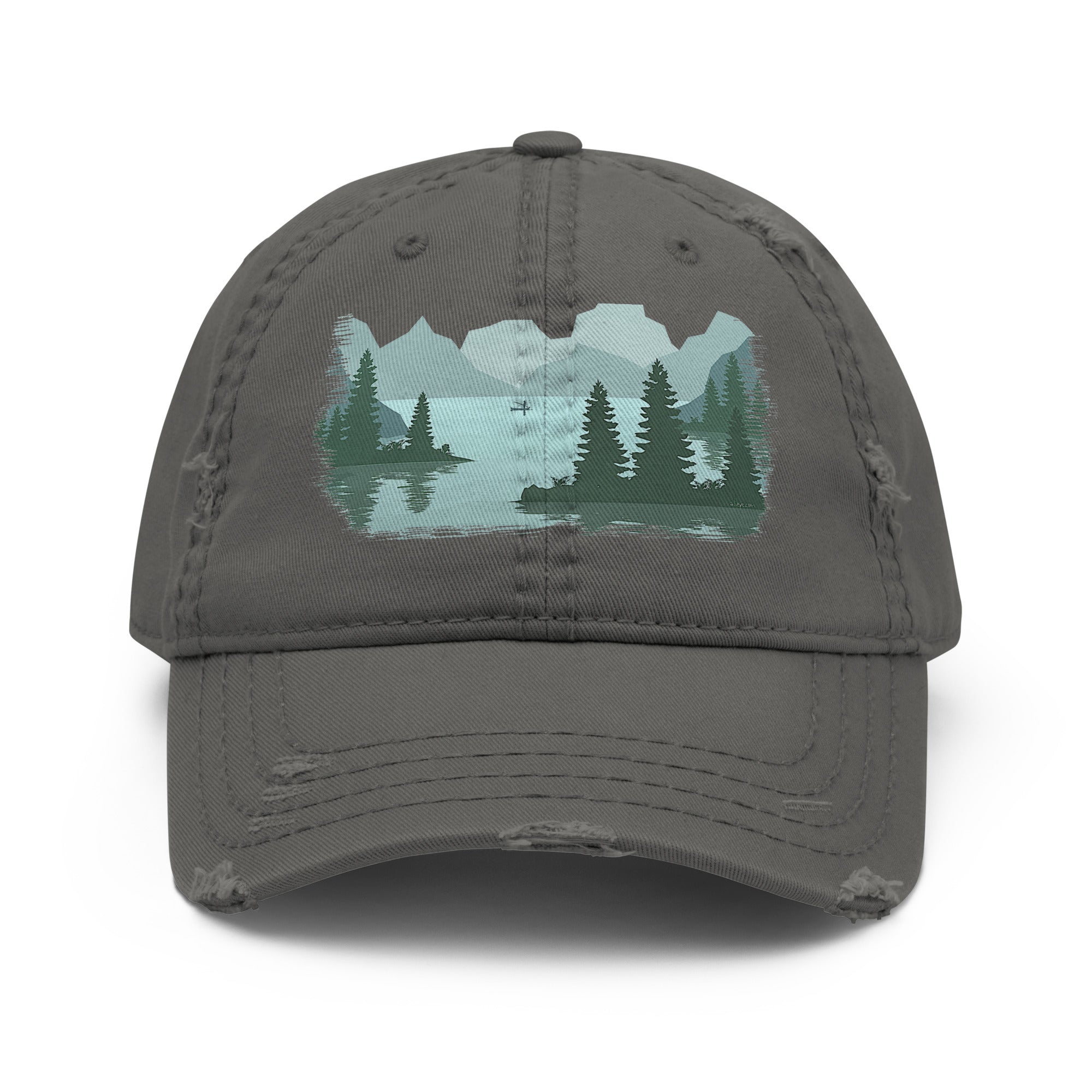 Distressed dad hat with full-color fisherman in a boat lake scene graphic printed on the front panel, charcoal gray structured low-profile cap with adjustable back strap. 