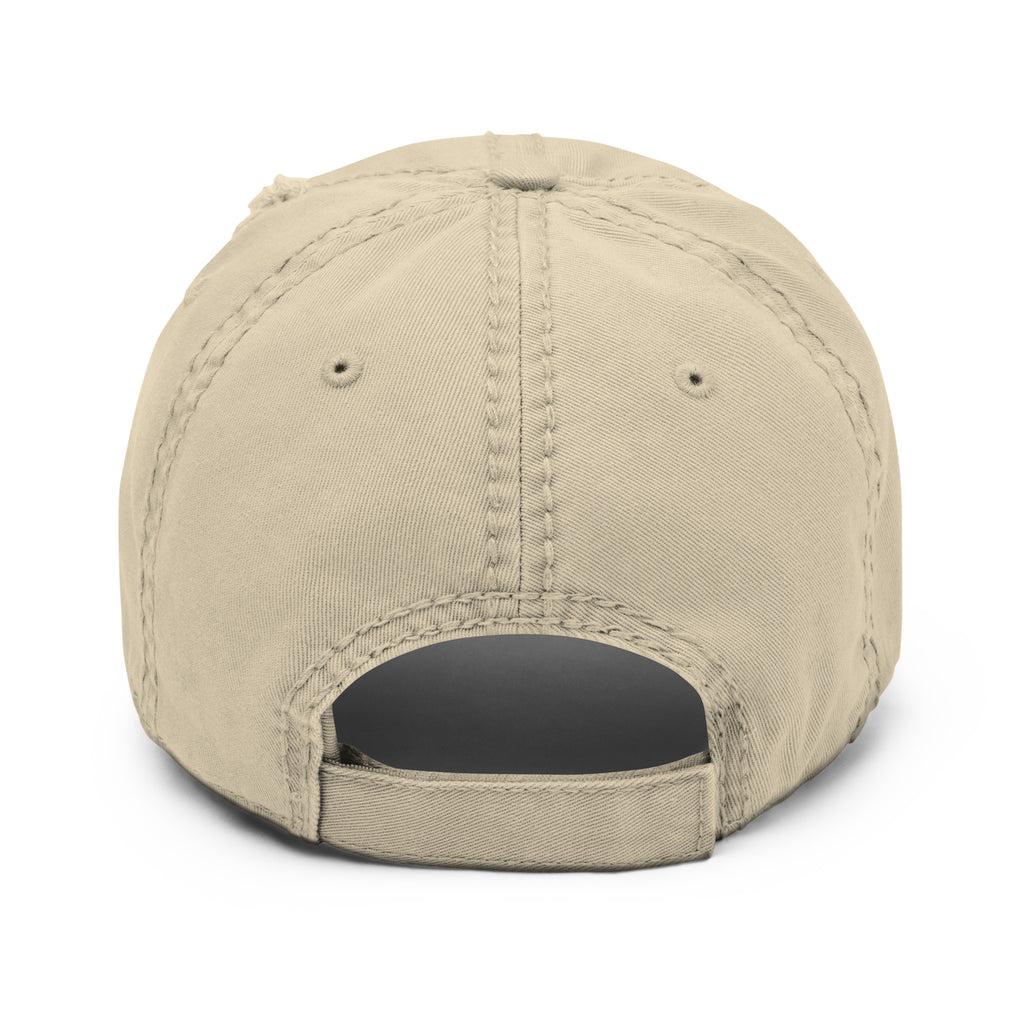 The back strap of a Distressed dad hat with full-color fisherman in a boat lake scene graphic printed on the front panel, structured low-profile cap with adjustable back strap. 