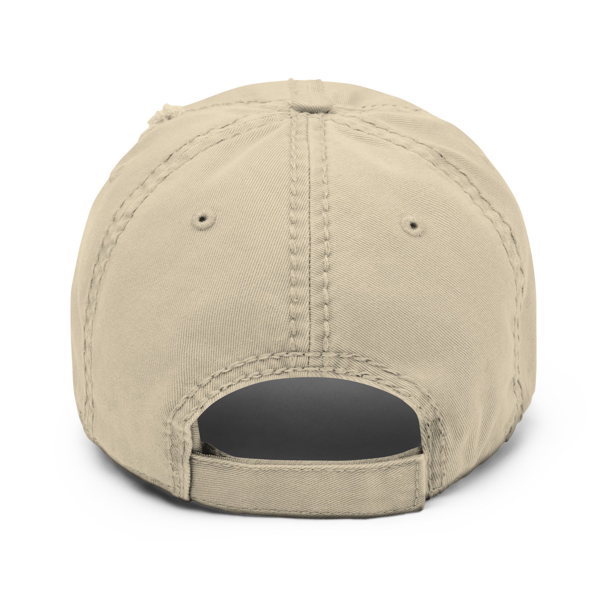 The back strap of a Distressed dad hat with full-color fisherman in a boat lake scene graphic printed on the front panel, structured low-profile cap with adjustable back strap. 