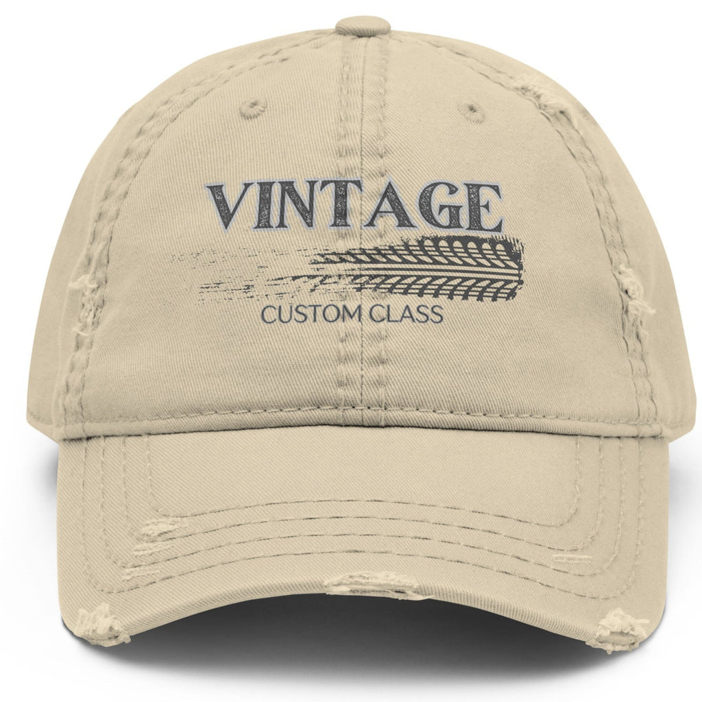 Beige cap with 'Vintage Custom Class' text on a white background.