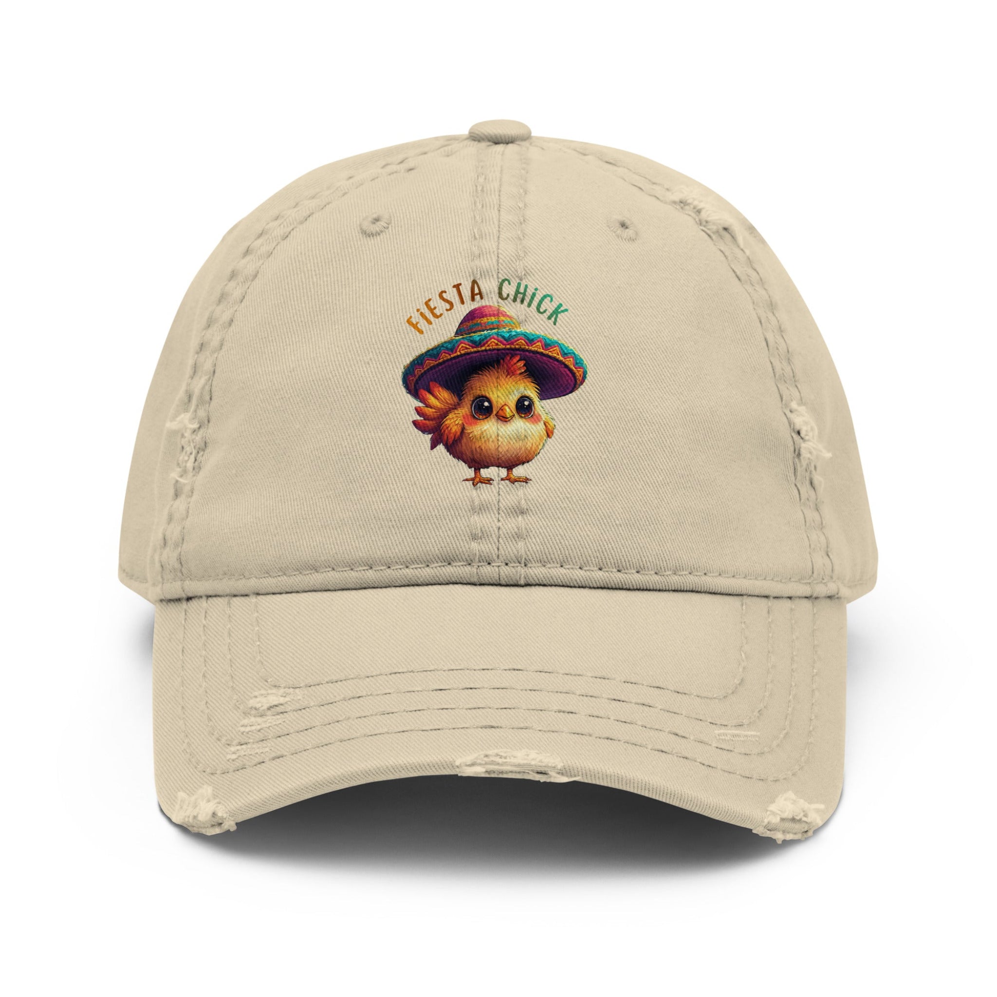 Beige distressed dad hat with a cartoon chick wearing a sombrero and 'Fiesta Chick' text on a white background