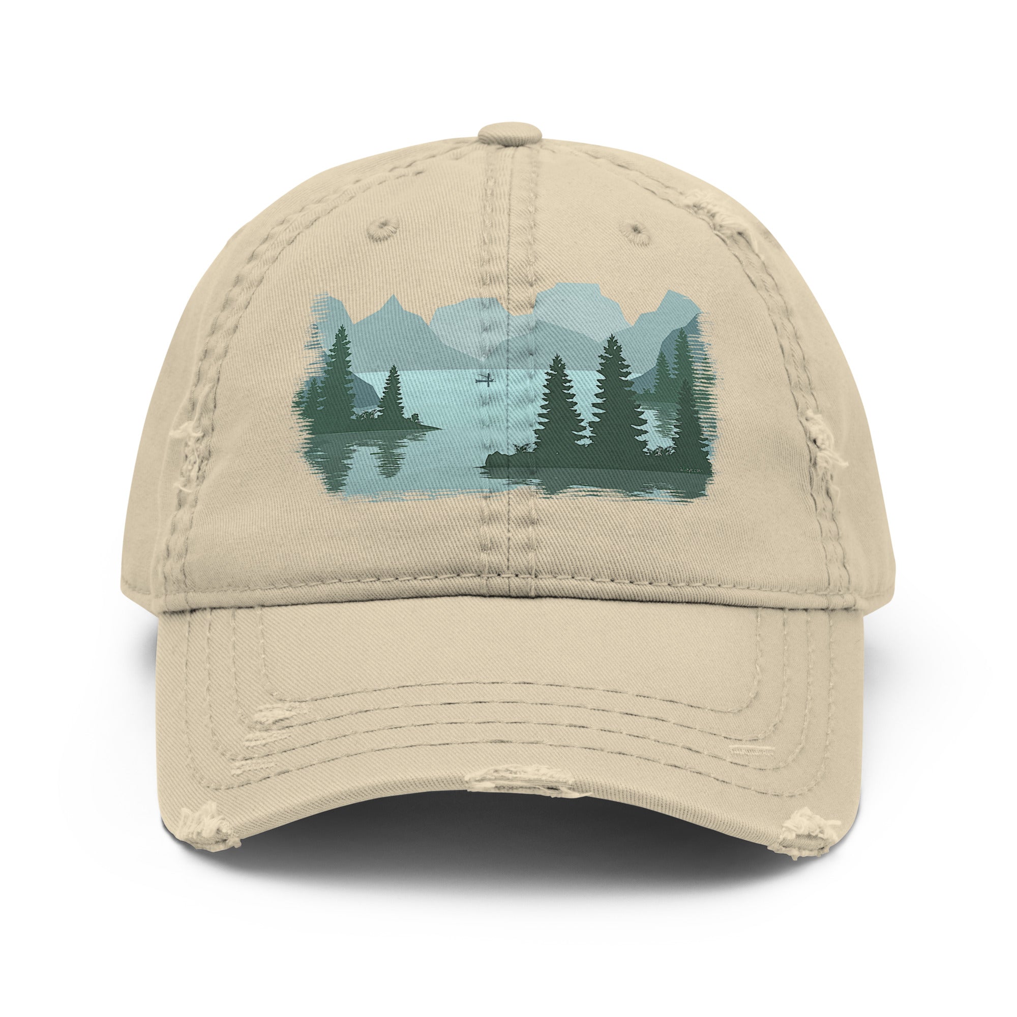 The back strap of a Distressed dad hat with full-color fisherman in a boat lake scene graphic printed on the front panel, light tan structured low-profile cap with adjustable back strap. 
