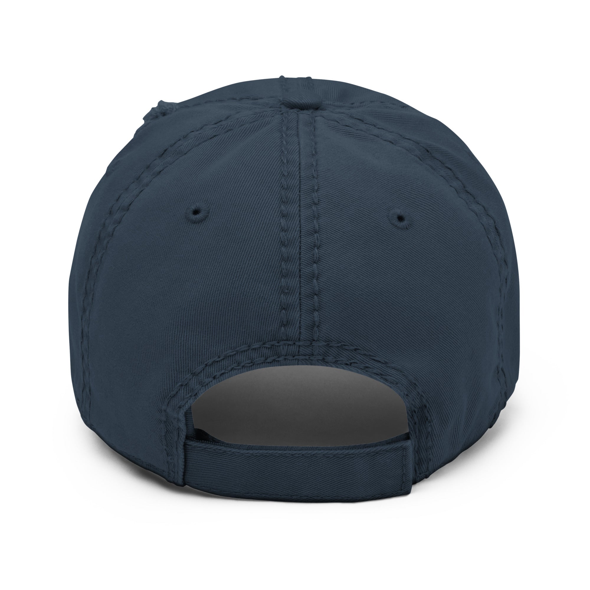 The back strap of a Distressed dad hat with full-color fisherman in a boat lake scene graphic printed on the front panel, navy blue color, structured low-profile cap with adjustable back strap. 