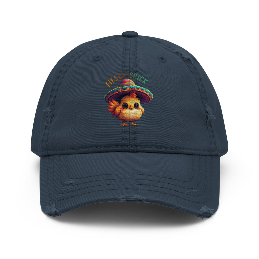 Navy blue cap with a cartoon chick wearing a sombrero and 'First Chick' text on a white background