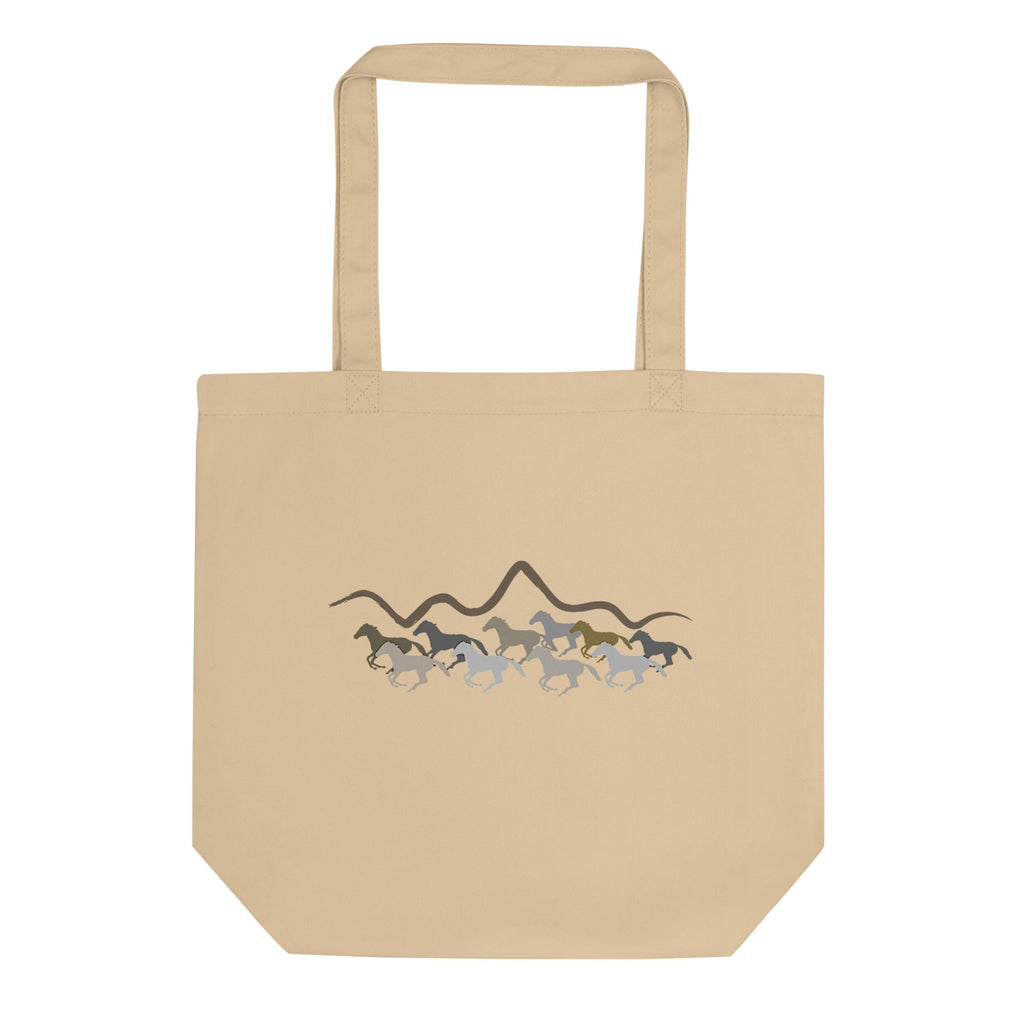 Beige tote bag with horse design on a white background.