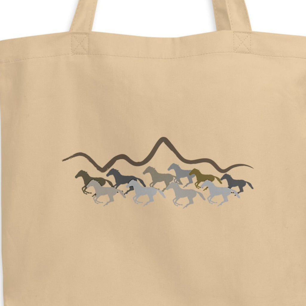 Beige tote bag with horse design on a white background.