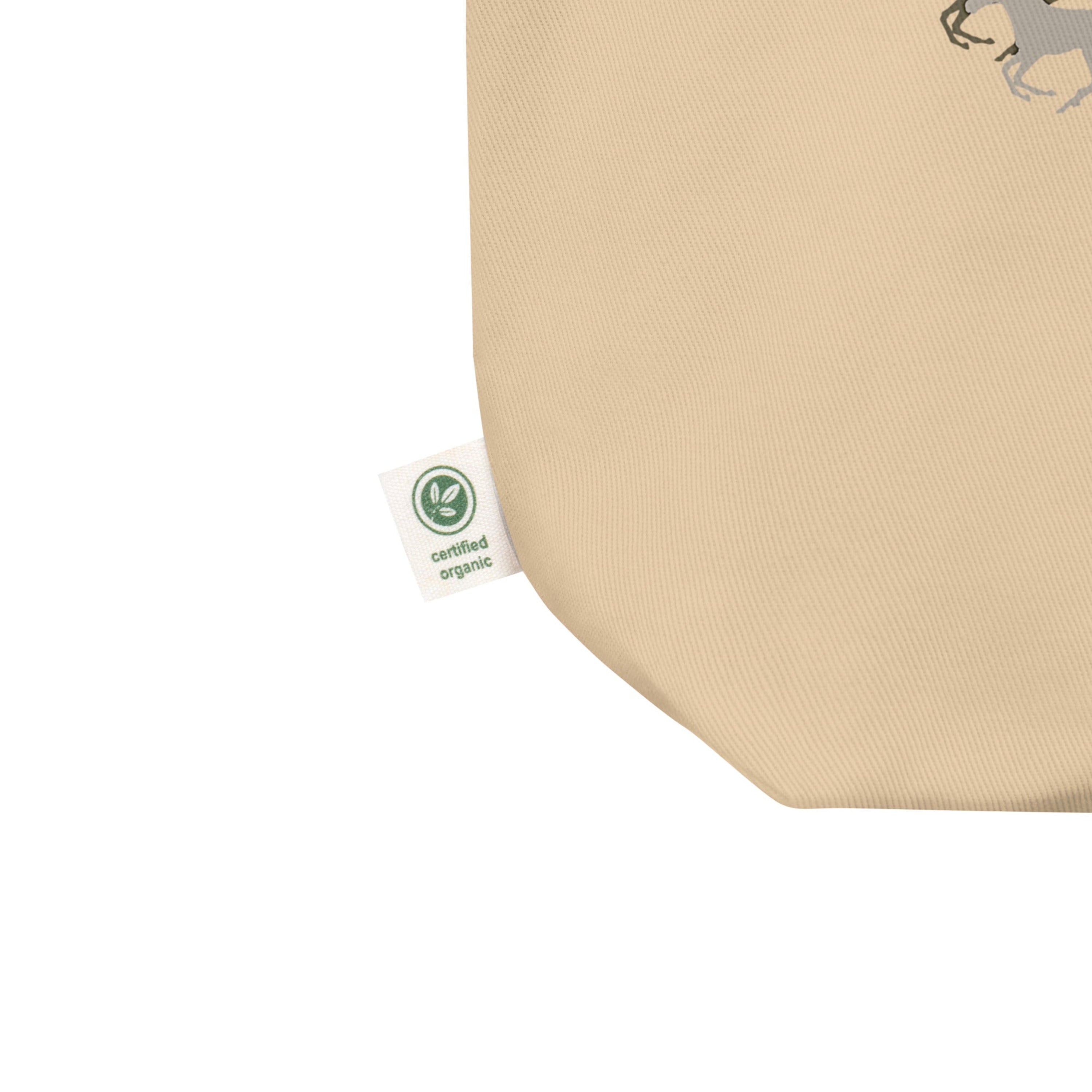 Beige product with a green certification label on a white background.
