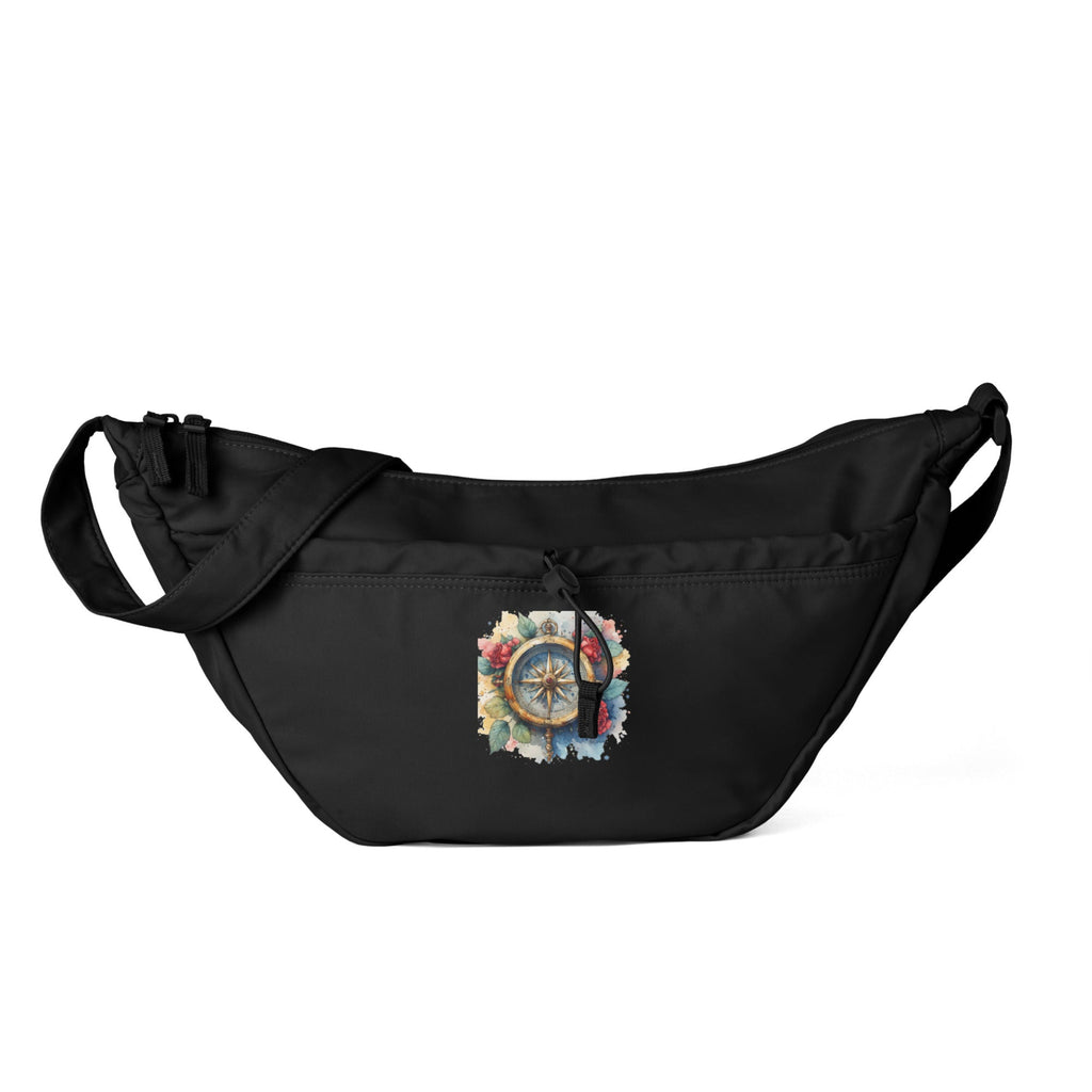 Black cross body bag with a colorful compass design on a white.background