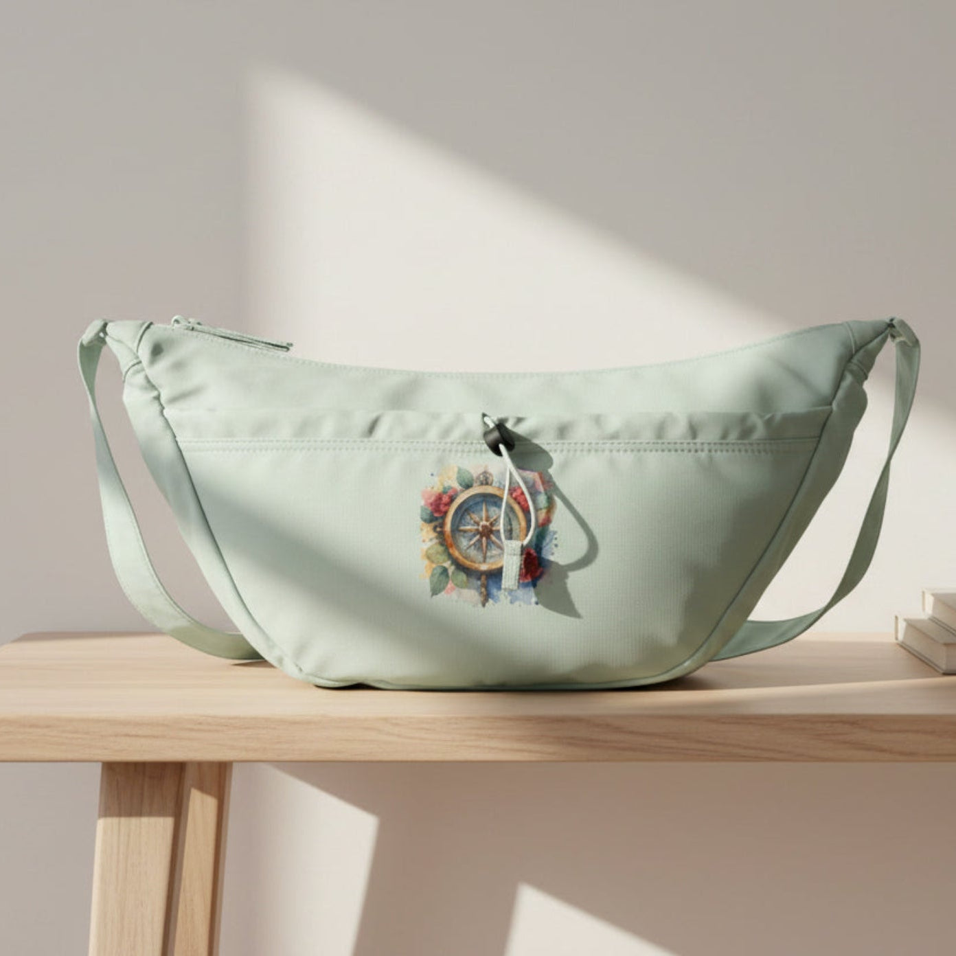 Light seafoam color crossbody bag with a colorful graphic on a white background.