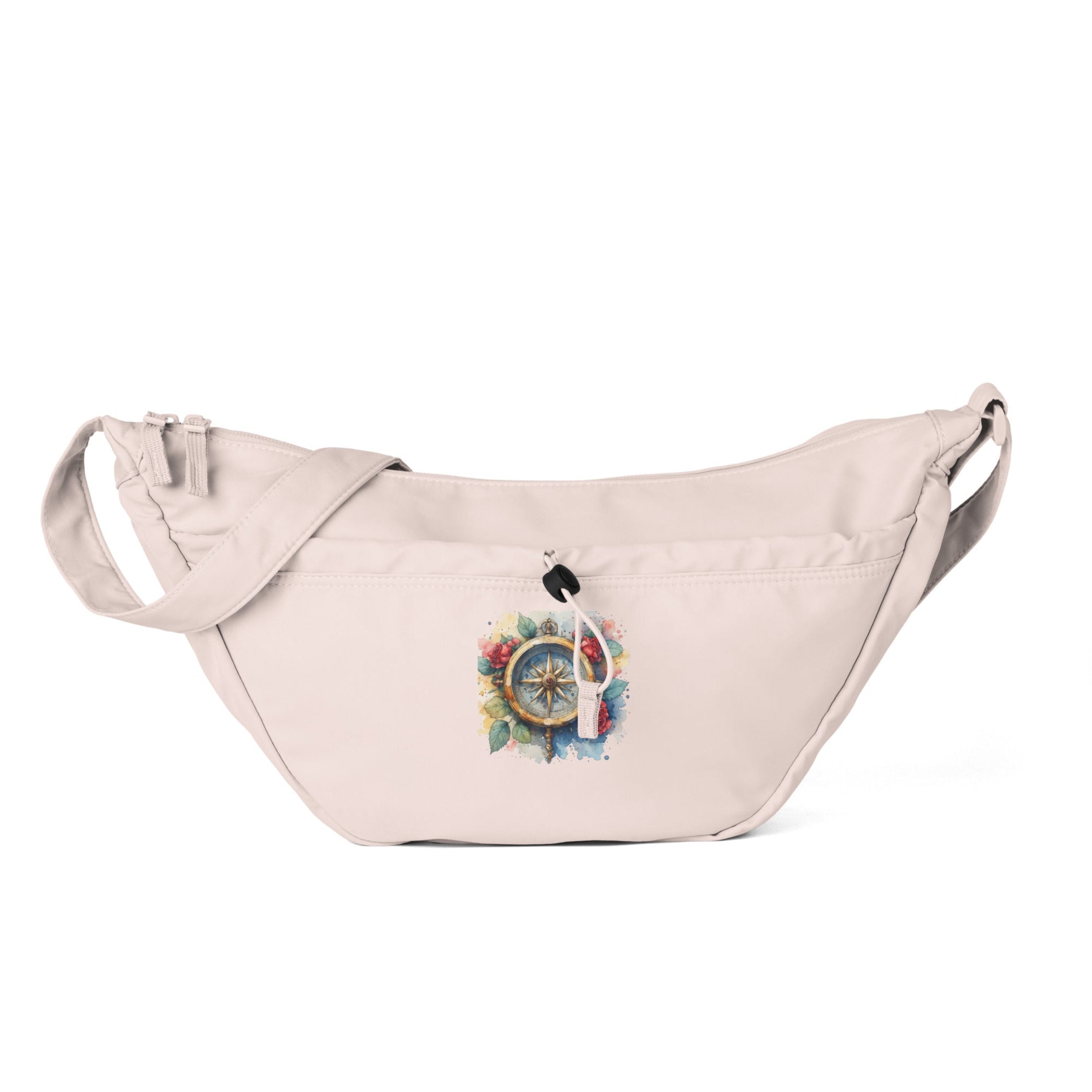 Beige bag with a colorful compass design on a white background.