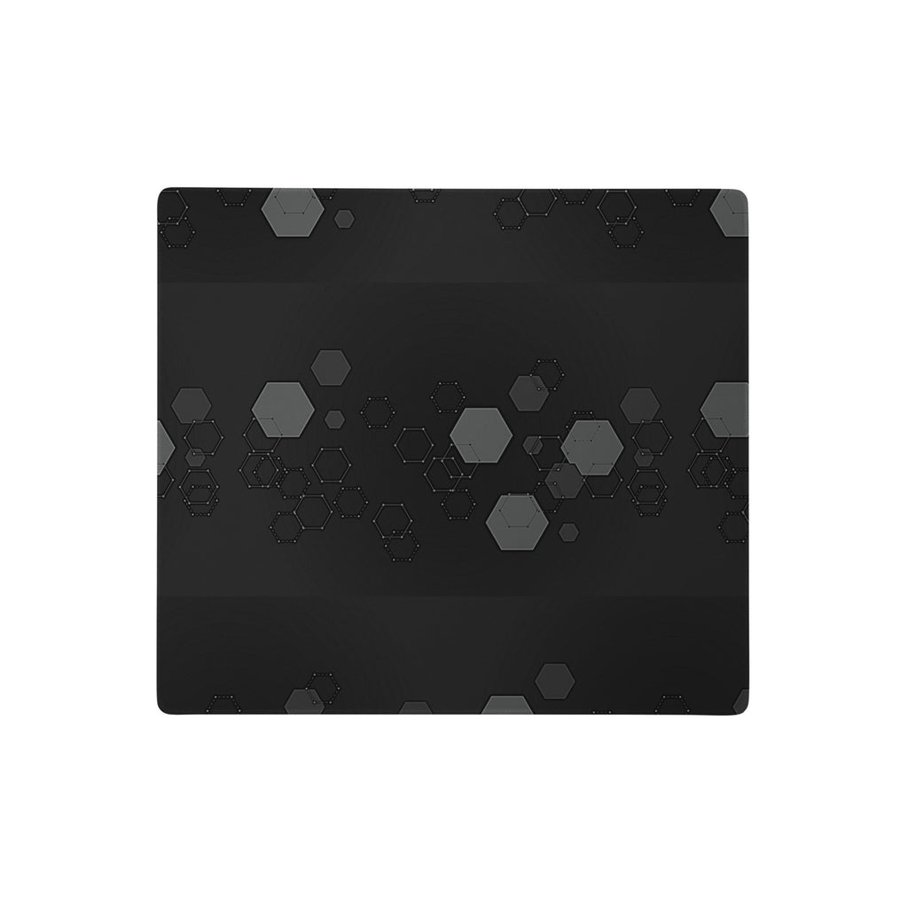  Dark extended gaming desk mat with grey hexagon geometric pattern. 