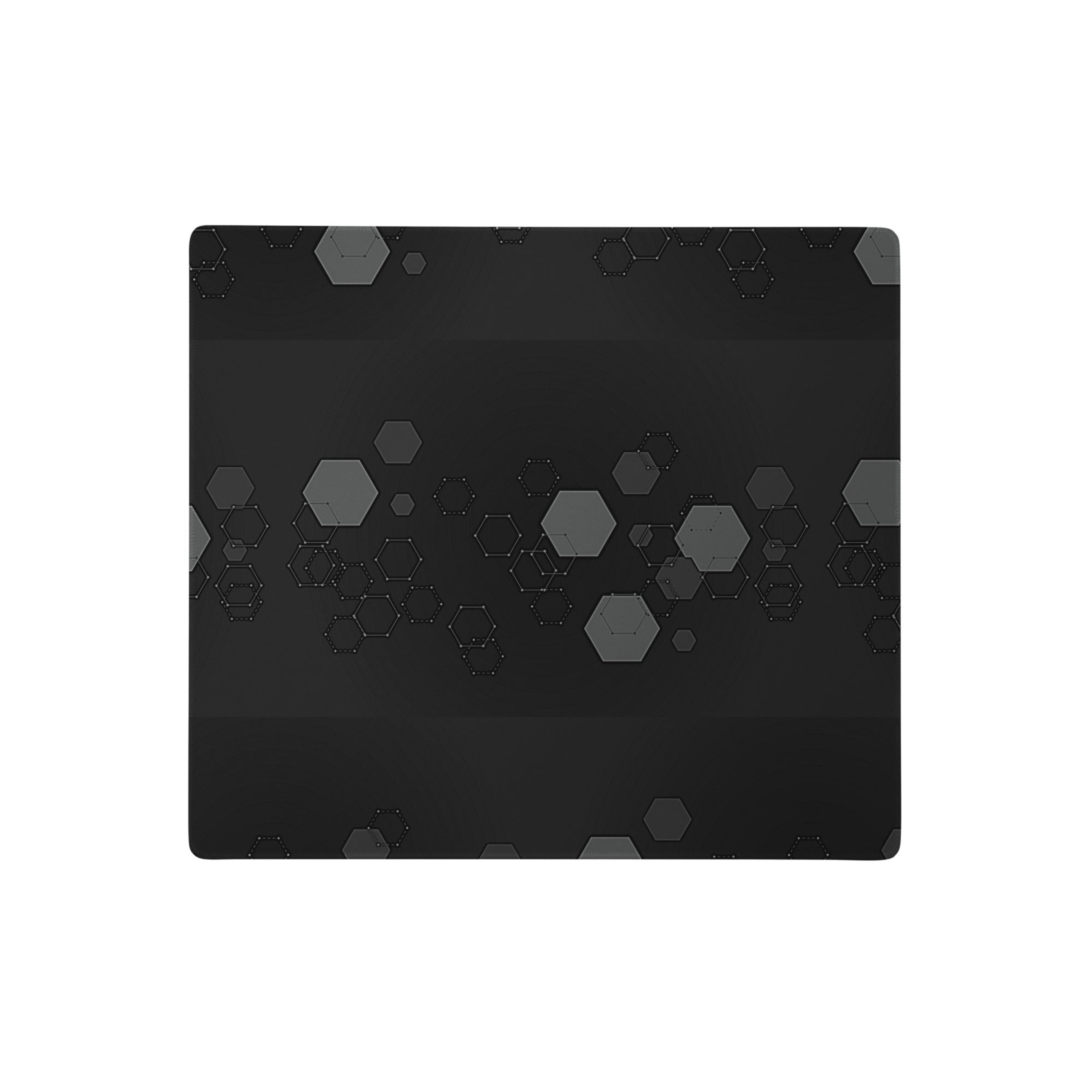  Dark extended gaming desk mat with grey hexagon geometric pattern. 