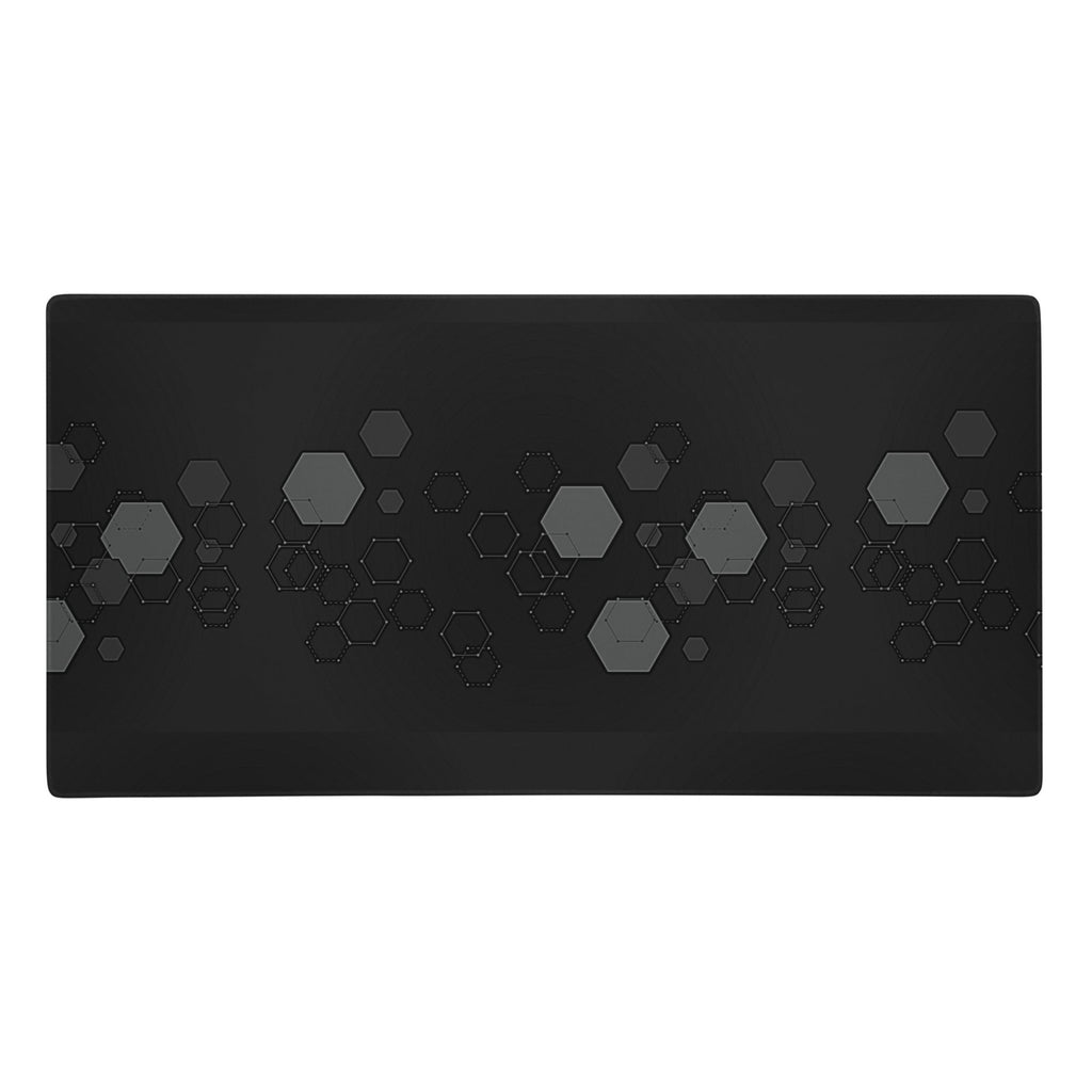  Dark extended gaming desk mat with grey hexagon geometric pattern. 