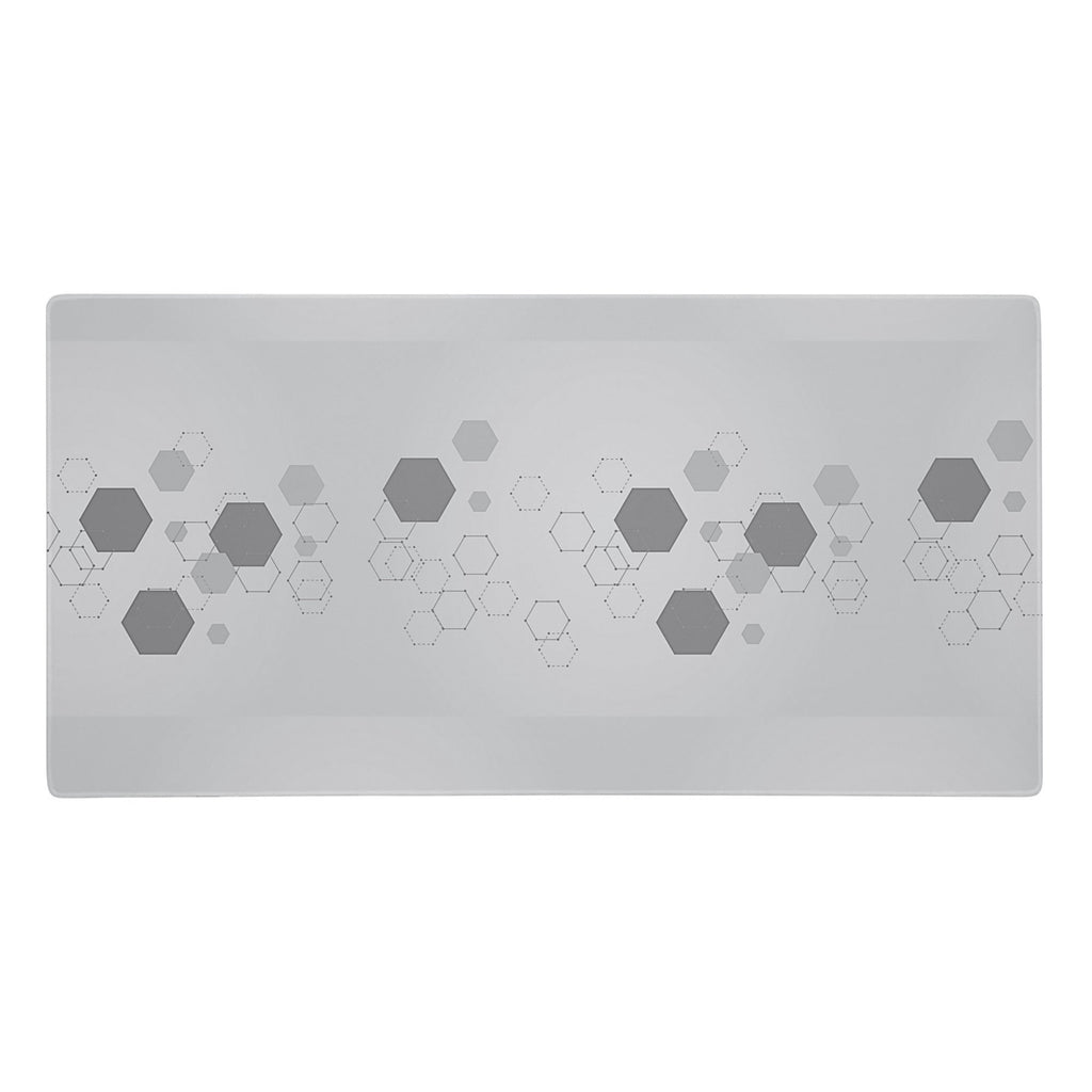 Rectangular gray gamer extended mouse pad with hexagonal pattern on a white background. 