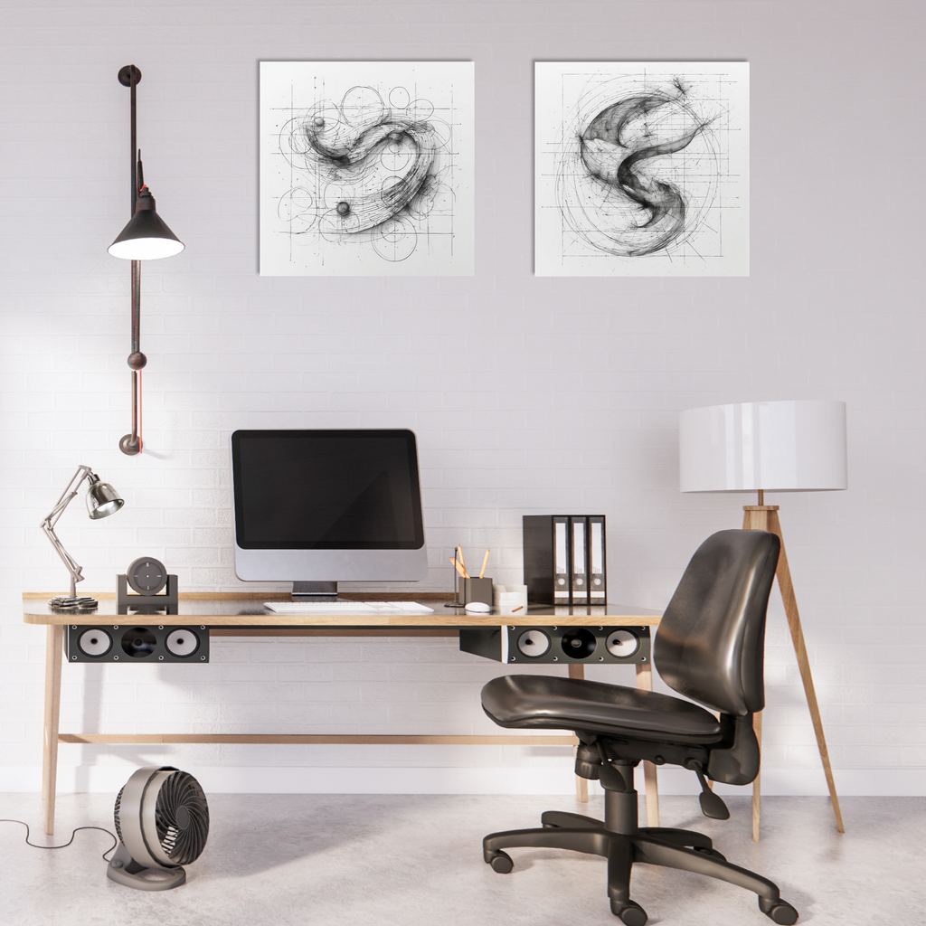 Modern office setup with a desk, chair, and wall art