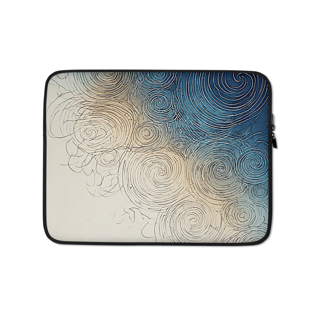 A laptop sleeve featuring an abstract swirling pattern with a gradient from cream and beige to blue, bordered by a black edge with a silver zipper pull on the right.