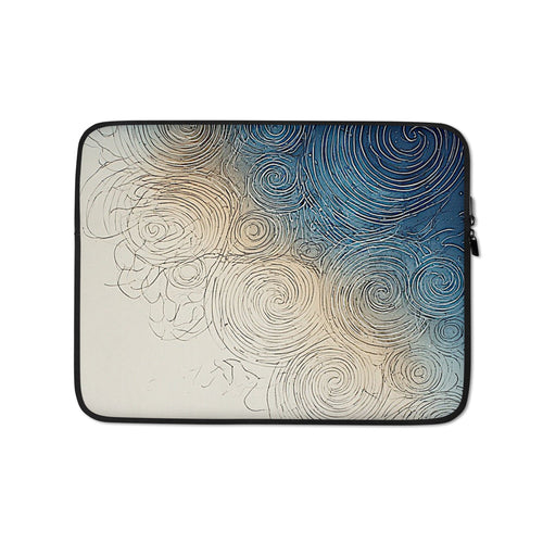 A laptop sleeve featuring an abstract swirling pattern with a gradient from cream and beige to blue, bordered by a black edge with a silver zipper pull on the right.