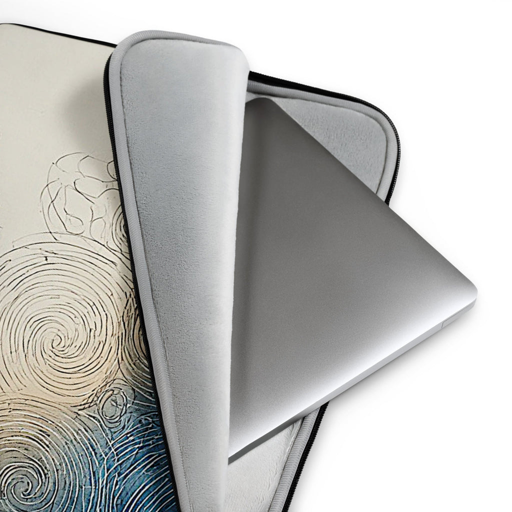 A light gray protective sleeve for a laptop, shown partially open to reveal its interior. A silver laptop is placed inside, and the sleeve is draped over a patterned surface featuring a swirl design in beige and blue tones.
