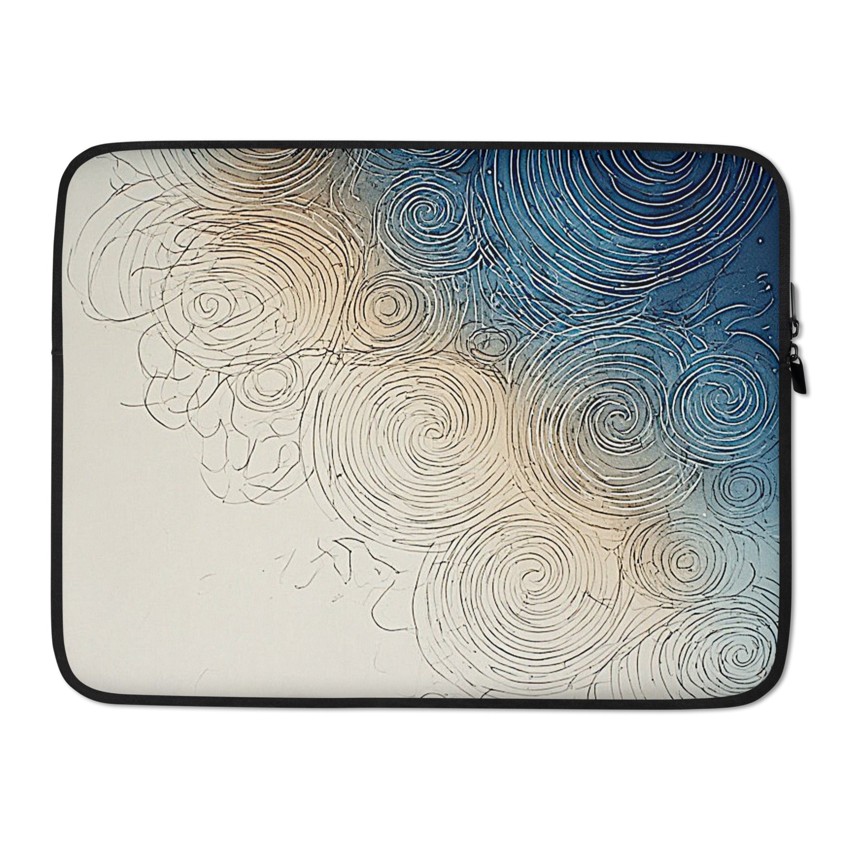 A laptop sleeve featuring an abstract spiral pattern that transitions from black line art on a cream background to deep blue and teal, with a black zipper track on the right side.