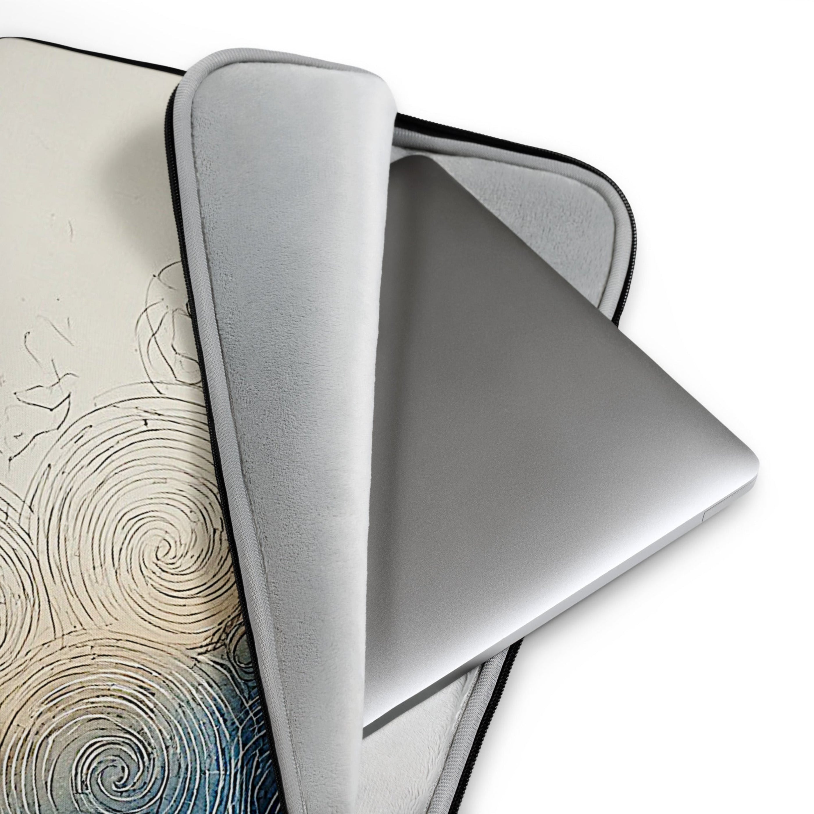 A light gray protective sleeve for a laptop, shown partially unzipped to reveal a silver laptop inside. The sleeve features a black border and a decorative swirl pattern on the reverse side in beige and blue tones, set against a plain white background.