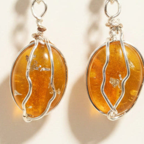 Amber Resin Wire Wrapped Drop Earrings | Handmade Silver Cage Dangle Earrings.
