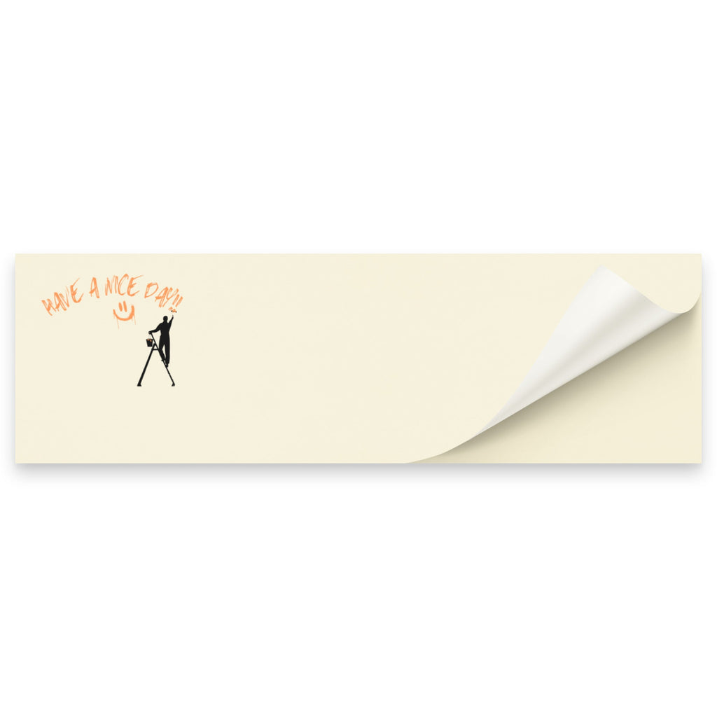 Rectangular sticky note with a design of a person holding a sign and text on a beige background