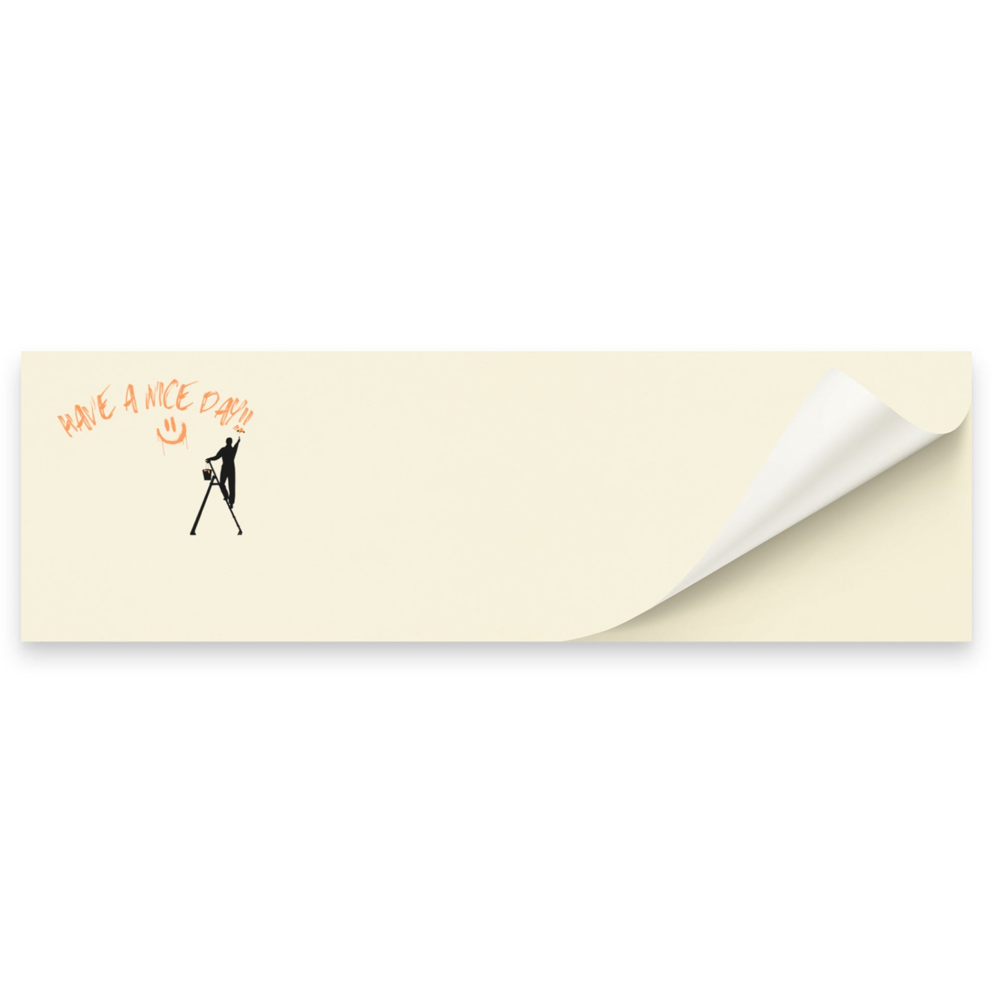 Rectangular sticky note with a design of a person holding a sign and text on a beige background