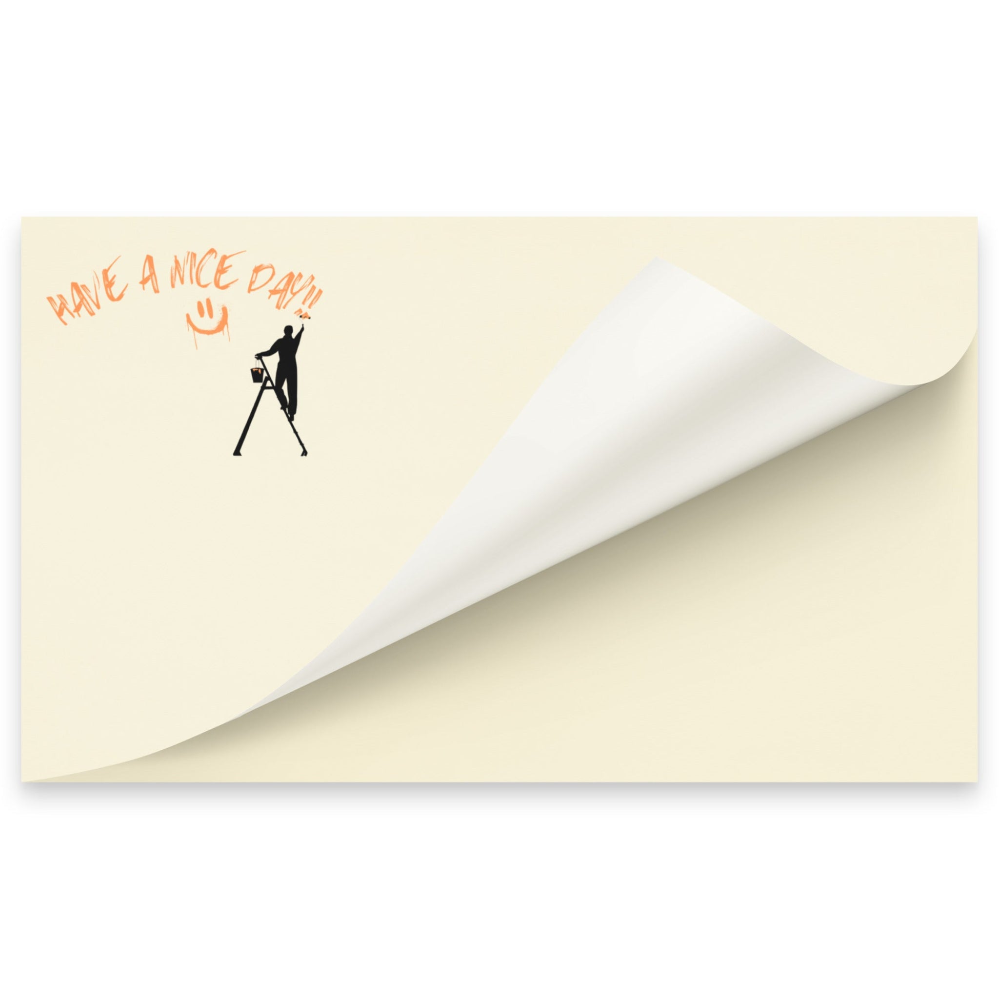 Beige post it sticky note pad with black silhouette and text 'Have a nice day' on a white background