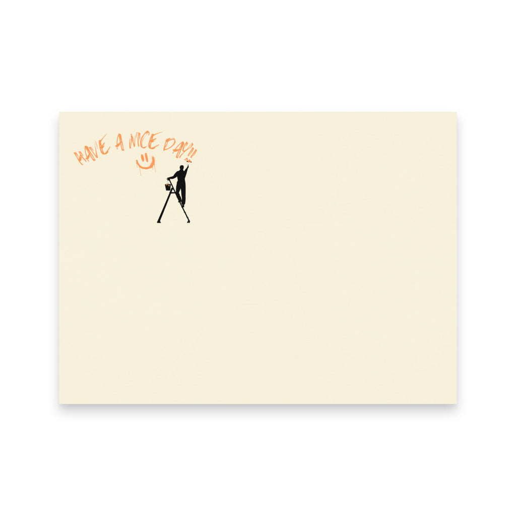 Beige post it sticky note pad with black silhouette and text 'Have a nice day' on a white background