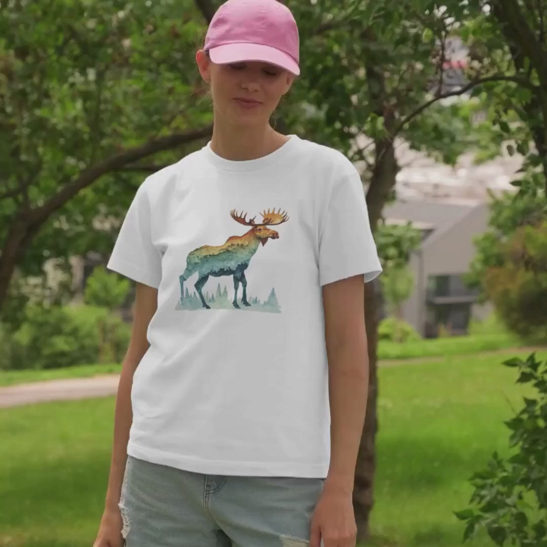 White t-shirt with a colorful moose graphic on a white background.
