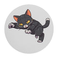 Round gaming mouse pad featuring a leaping black mechanical cat with glowing yellow eyes.
