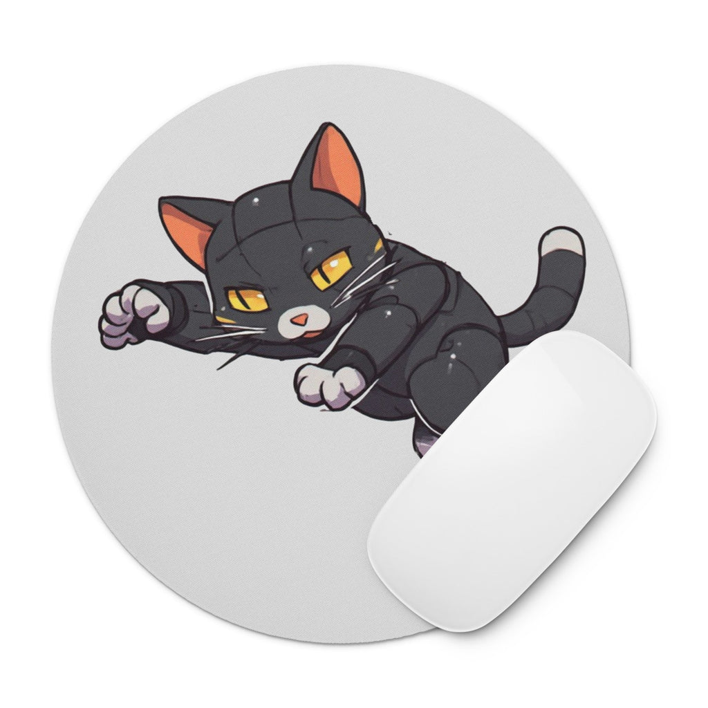 Leaping mechanical black cat illustration on a circular gaming mouse pad.