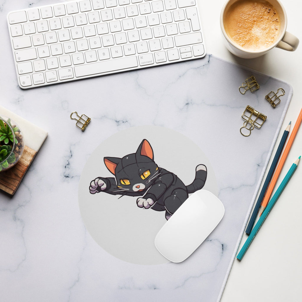 Desk setup with Robotic black cat in a dynamic leaping pose on a high-quality circular desk mat for gamers.
