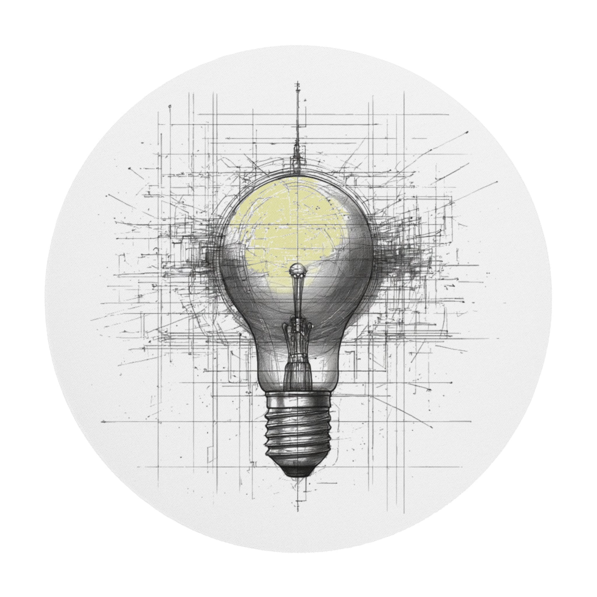 Round mouse pad featuring a black and white architectural blueprint sketch of a lightbulb on a white background.