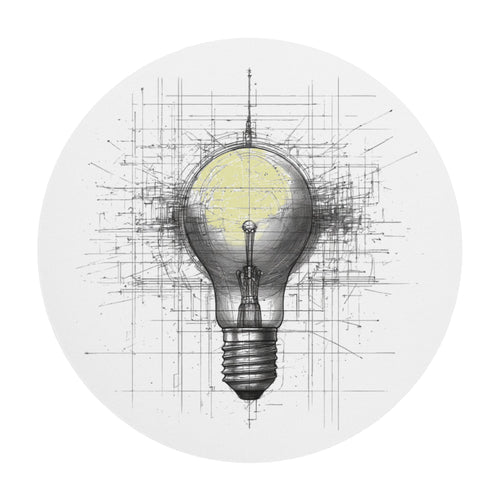 Round mouse pad featuring a black and white architectural blueprint sketch of a lightbulb on a white background.