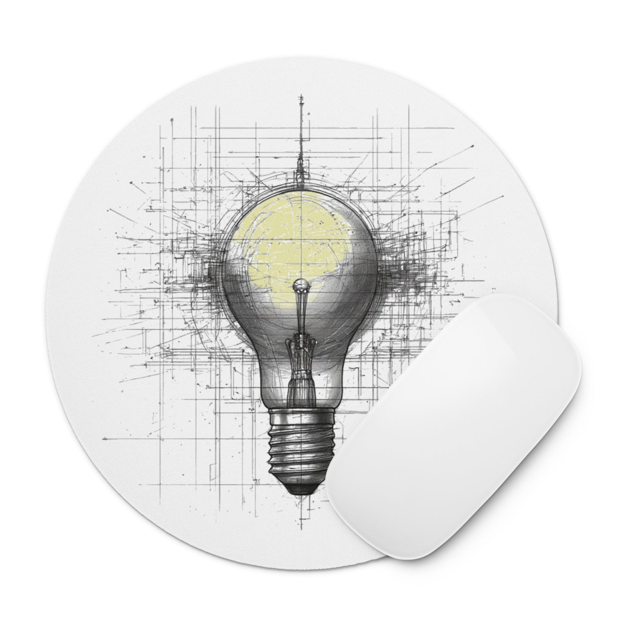Round mouse pad featuring a black and white architectural blueprint sketch of a lightbulb on a white background.