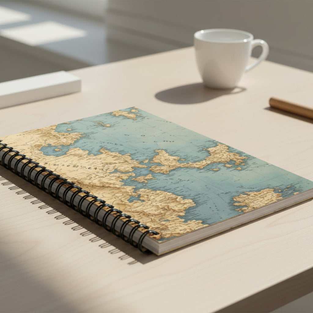 Notebook with world map design on a white background