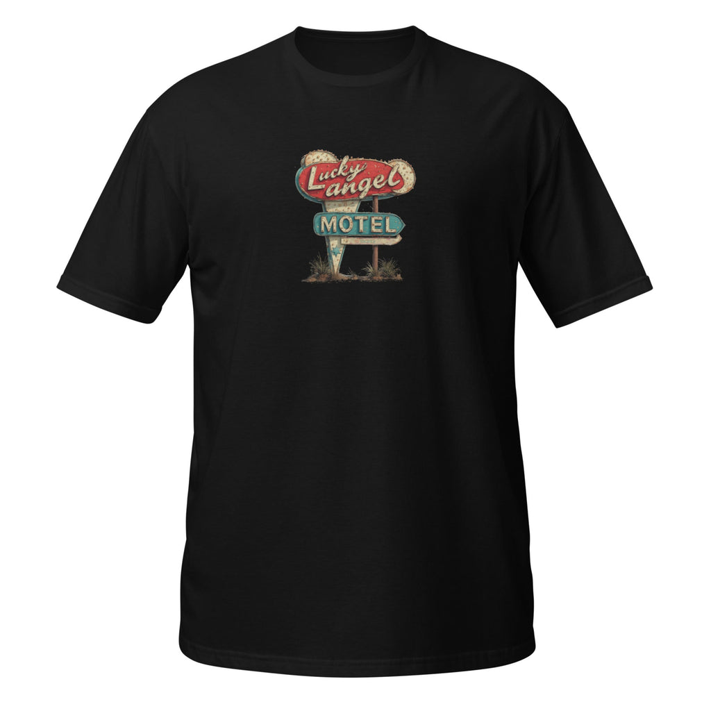 Black t-shirt with Vintage style Route 66 motel sign on a white background. 