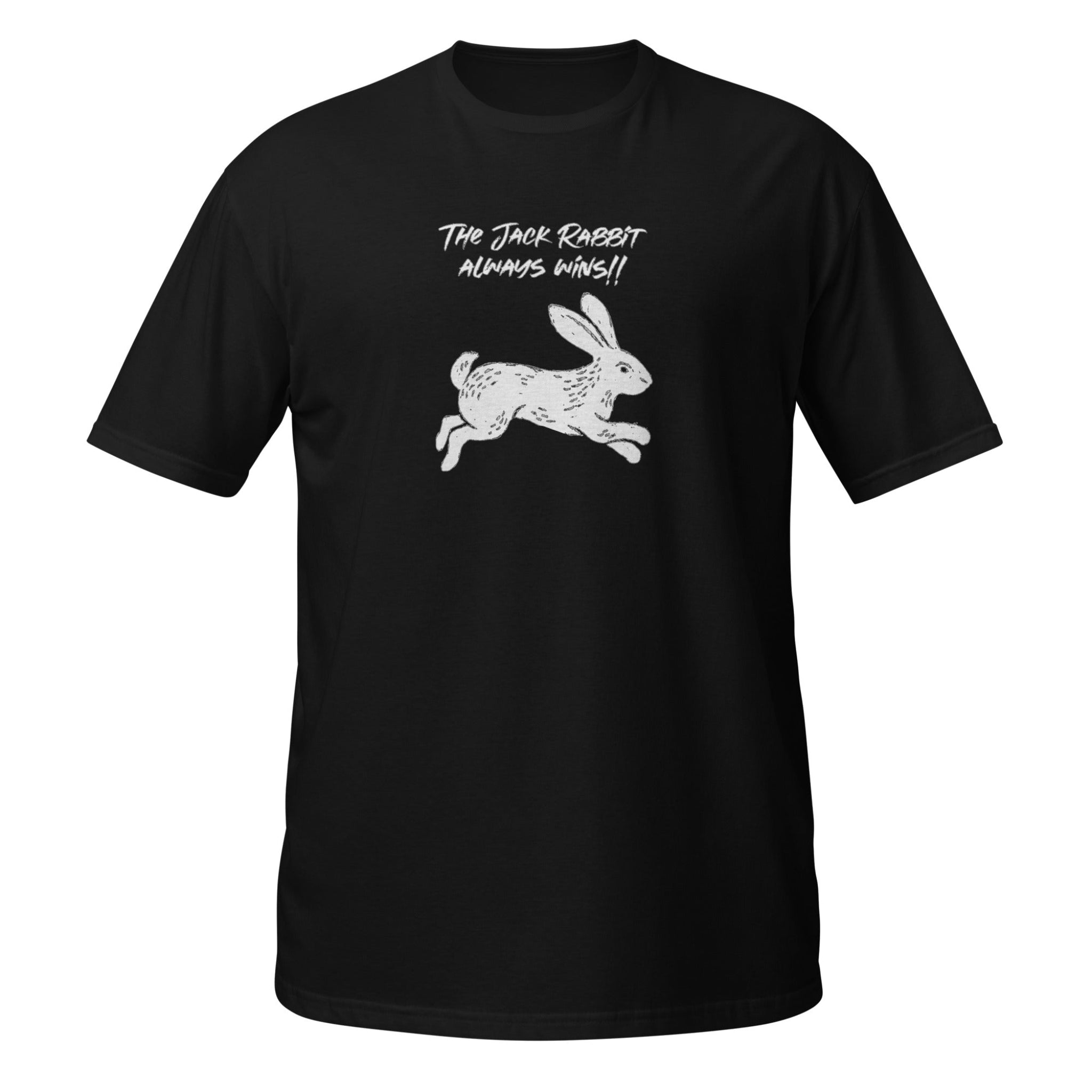 Black Jack Rabbit always wins t-shirt with white graphic and text on a white background