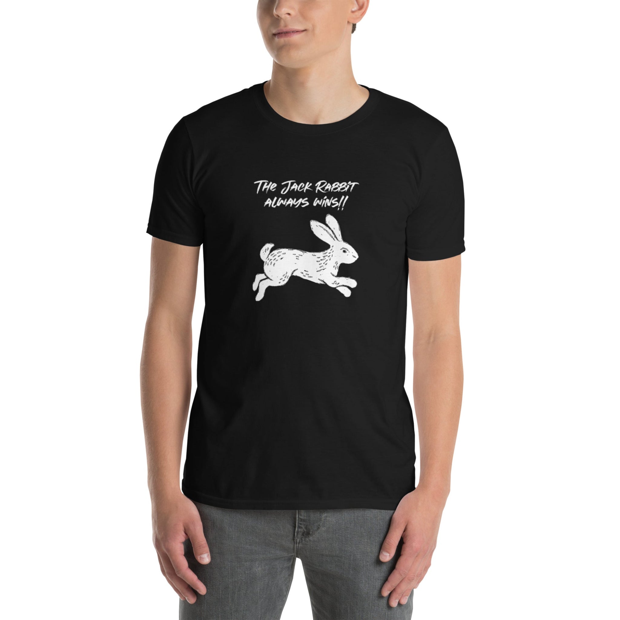 Man wearing a black t-shirt with white rabbit graphic and text on a white background