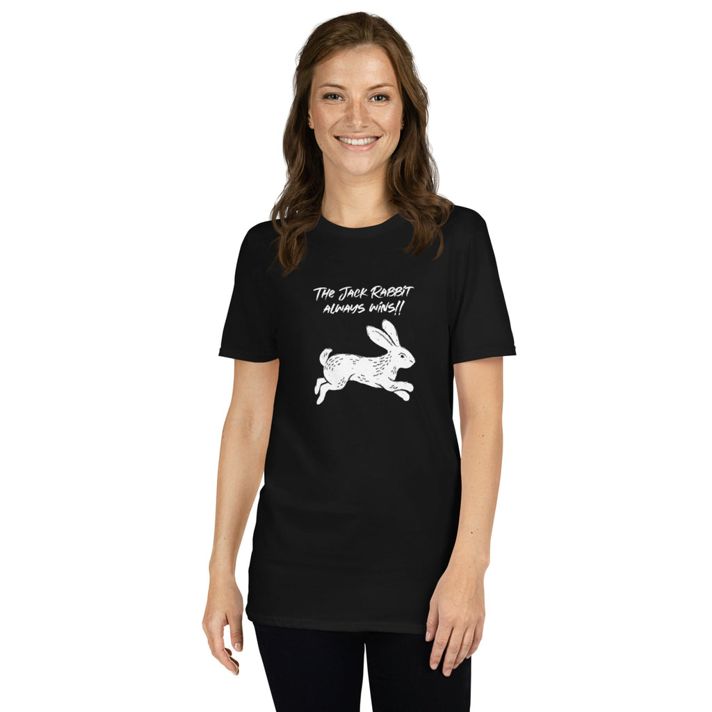Woman wearing a black t-shirt with a graphic design on a white background