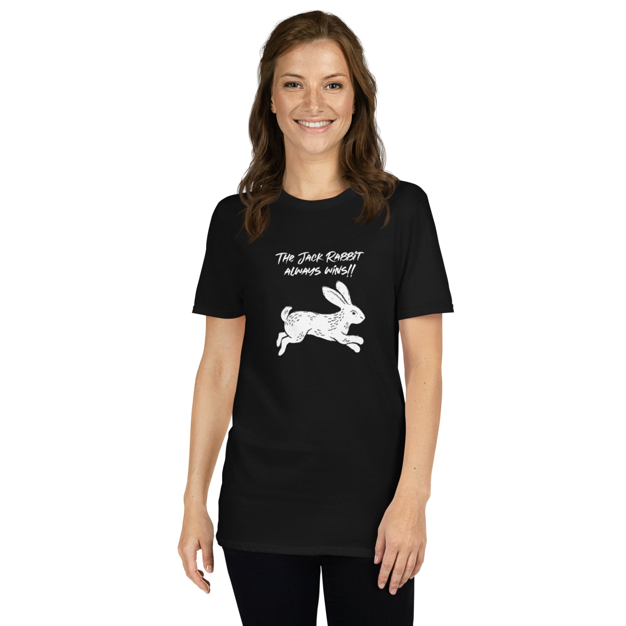 Woman wearing a black t-shirt with a graphic design on a white background